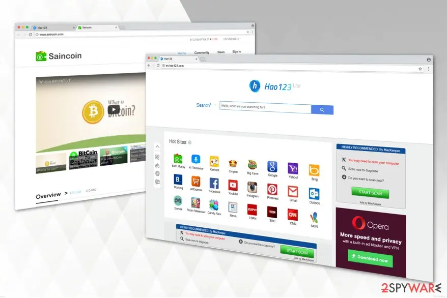 A browser window showing the Hao123 Lite page with a grid of Hot Sites icons, and two advertisement panels on the right, one headed Highly recommended by MacKeeper and one for the Opera browser; a second window behind it shows a Saincoin page