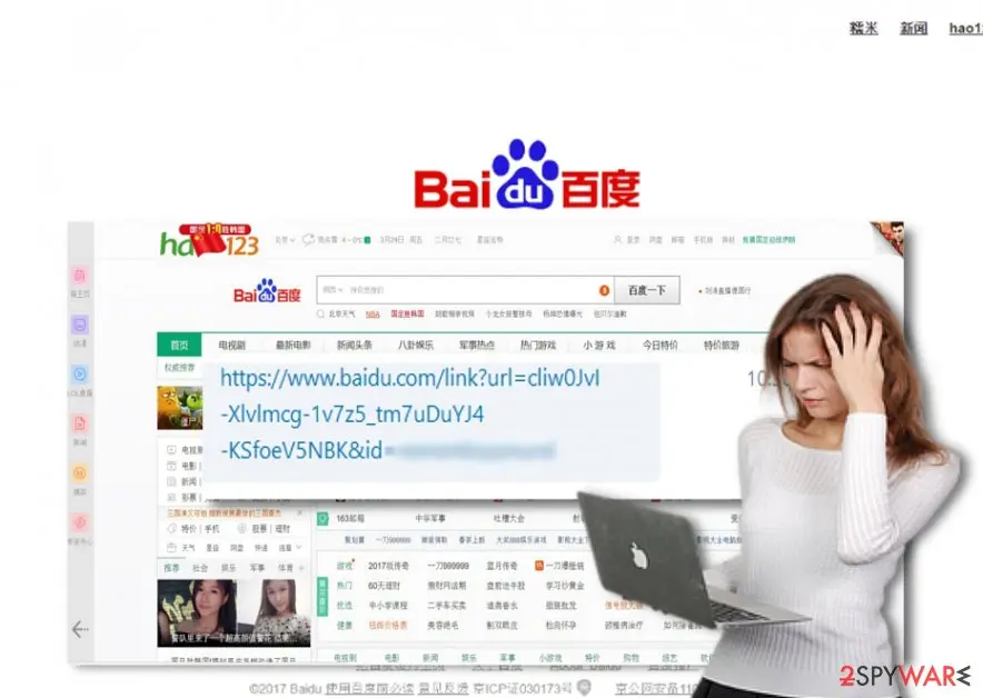An illustration from our 2018 guide: the Baidu logo above a Hao123 page, with a web address beginning baidu.com/link?url= laid over it and a woman holding her head at a laptop