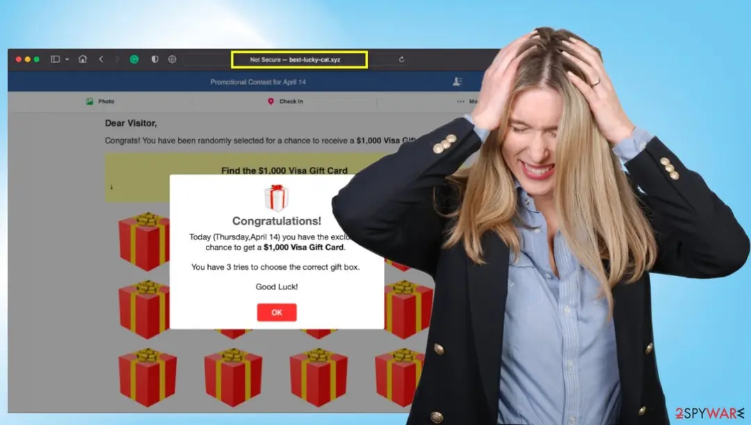 Congratulations pop-up on a Promotional Contest page with red gift boxes and a $1,000 Visa gift card, with best-lucky-cat.xyz in the address bar