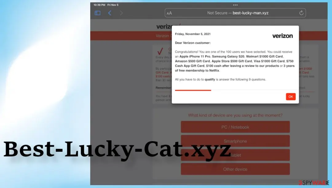 Pop-up on a Verizon-style survey page in iPad Safari at best-lucky-man.xyz, dated 5 November 2021, promising phones and gift cards for answering nine questions
