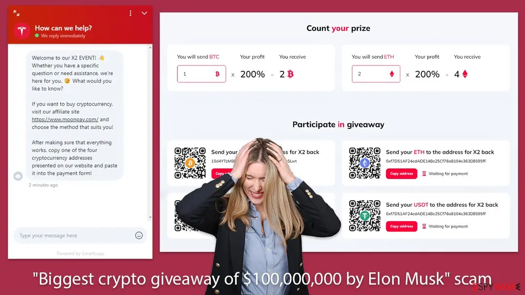 Biggest crypto giveaway of $100,000,000 by Elon Musk," "Tesla crypto giveaway: biggest crypto giveaway of 100000000 by elon musk scam fake