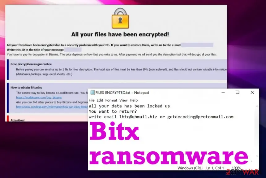Screenshot of Bitx ransomware: virus
