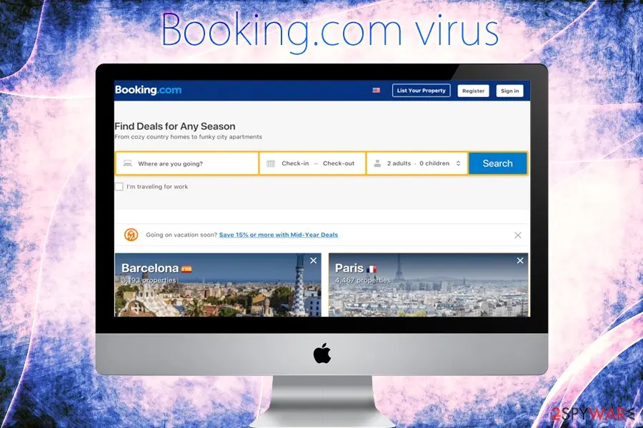 The genuine Booking.com home page, with a search box for destination, dates and guests, shown on an iMac screen under the words Booking.com virus