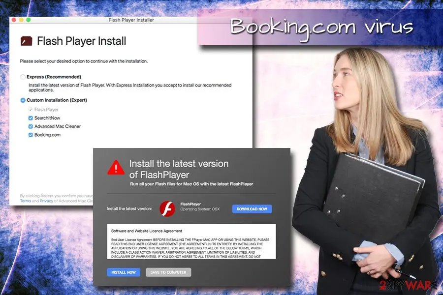 A Flash Player Install window with Custom Installation selected and Flash Player, SearchItNow, Advanced Mac Cleaner and Booking.com ticked, over a page saying Install the latest version of FlashPlayer