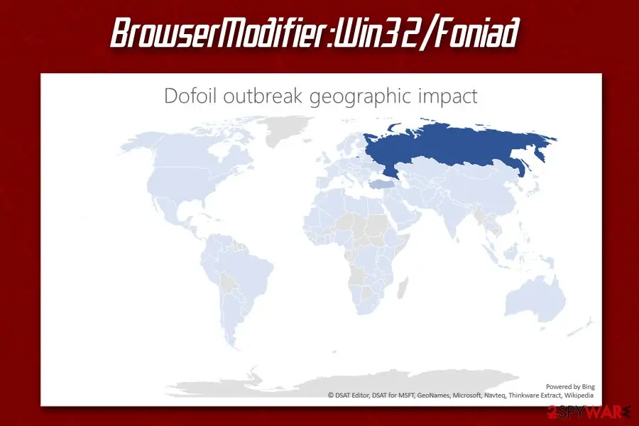 A world map titled Dofoil outbreak geographic impact, with Russia in the darkest blue and most other countries pale blue, under the words BrowserModifier:Win32/Foniad