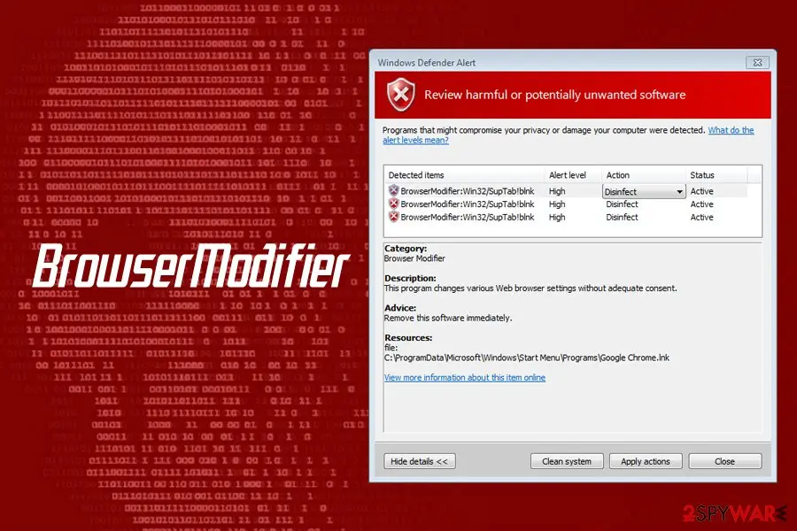 A Windows Defender Alert window titled Review harmful or potentially unwanted software, listing three detections named BrowserModifier:Win32/SupTab!blnk with alert level High and action Disinfect, category Browser Modifier, and the resource file C:\ProgramData\Microsoft\Windows\Start Menu\Programs\Google Chrome.lnk, on a red background with the word BrowserModifier