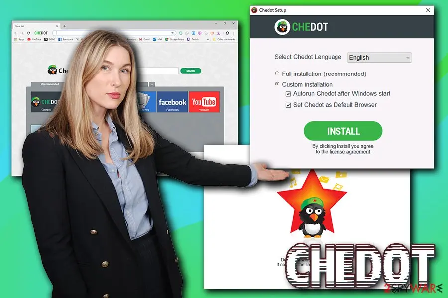 Chedot Setup window with Custom installation chosen and the boxes Autorun Chedot after Windows start and Set Chedot as Default Browser ticked, above an Install button