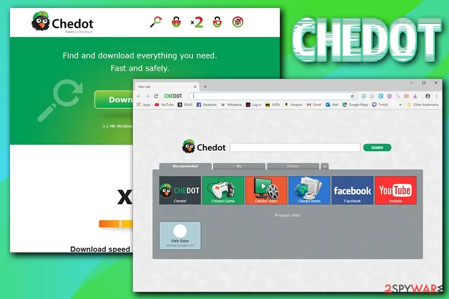 Chedot download page and the browser's start page with tiles for Chedot, Chedot Game, Chedot Video, Chedot News, Facebook and YouTube