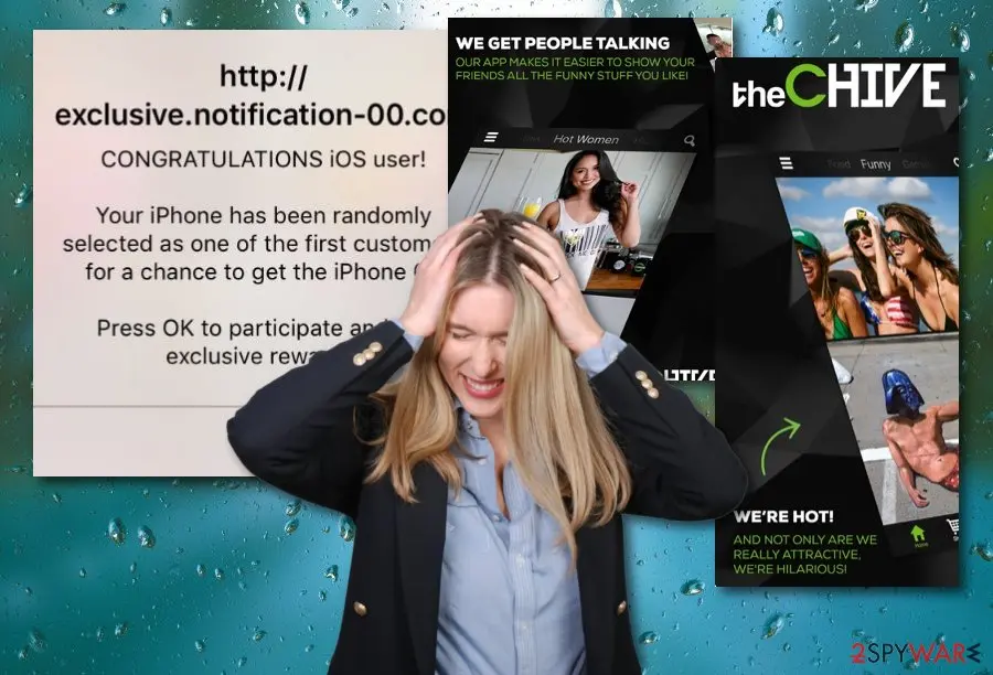 iPhone pop-up from exclusive.notification-00 reading Congratulations iOS user, with two theCHIVE app screenshots and a woman holding her head