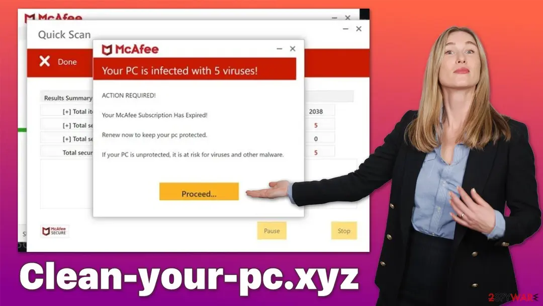 A fake McAfee Quick Scan window marked Done, with a box headed Your PC is infected with 5 viruses, the text ACTION REQUIRED Your McAfee Subscription Has Expired, a yellow Proceed button, and a woman in a dark blazer pointing at it