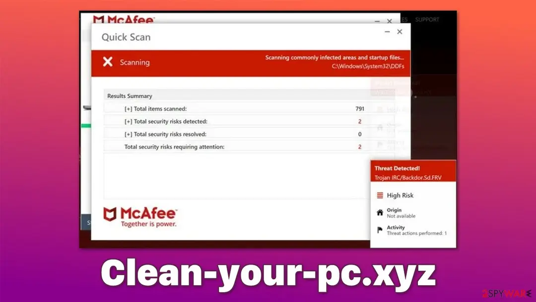 A fake McAfee Quick Scan window with a red Scanning bar, a results summary reading 791 items scanned and 2 security risks detected, and a Threat Detected box naming Trojan IRC/Backdor.Sd.FRV, over a red and purple background
