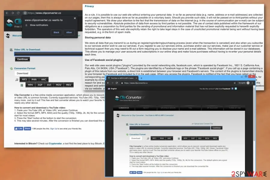Chrome asking whether www.clipconverter.cc may show notifications, over the ClipConverter home page and its privacy text