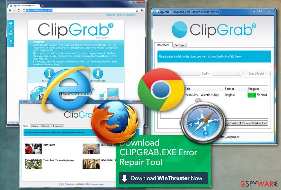 ClipGrab 3 window and web page beside browser logos, with a green button reading Download CLIPGRAB.EXE Error Repair Tool