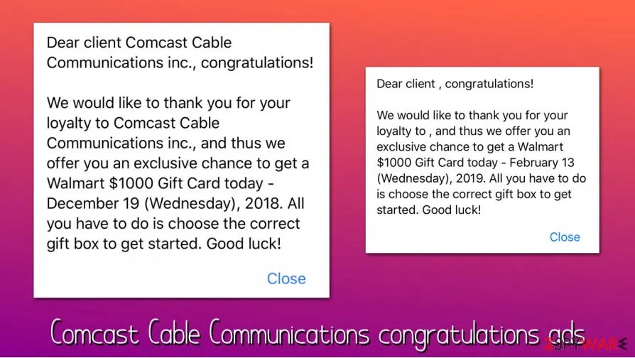 Comcast Cable Communications congratulations virus: scam