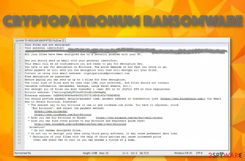 Screenshot of CryptoPatronum ransomware: virus
