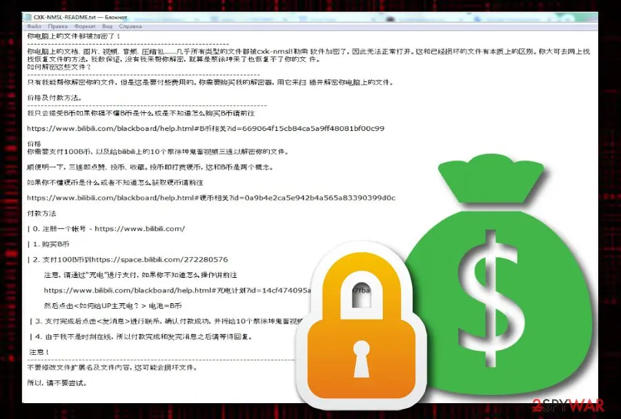 Full Chinese text of CXK-NMSL-README.txt in Notepad with a padlock and money bag graphic