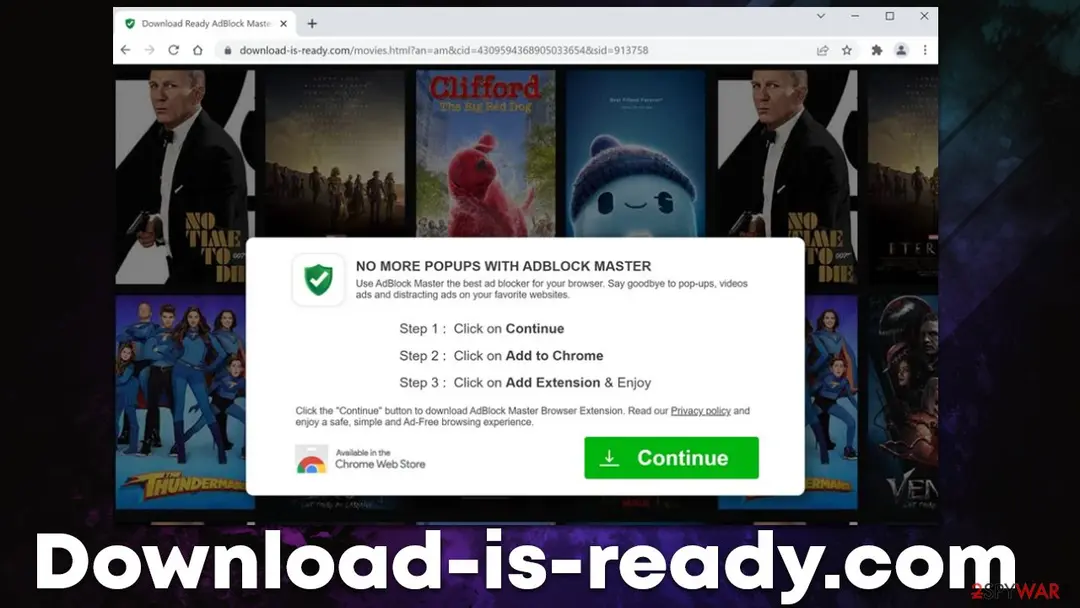 The Download-is-ready.com page in 2022: a Chrome window titled Download Ready AdBlock Master with a box headed No more popups with AdBlock Master, three steps and a green Continue button, over a wall of film posters