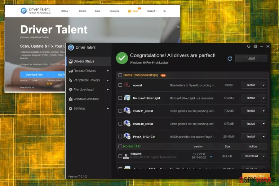 Driver Talent window with the message All drivers are perfect and a list of game components, next to the vendor's home page