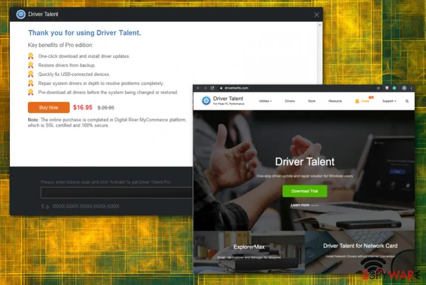 Driver Talent window offering the Pro edition, with the vendor's home page behind it, as in our 2019 report