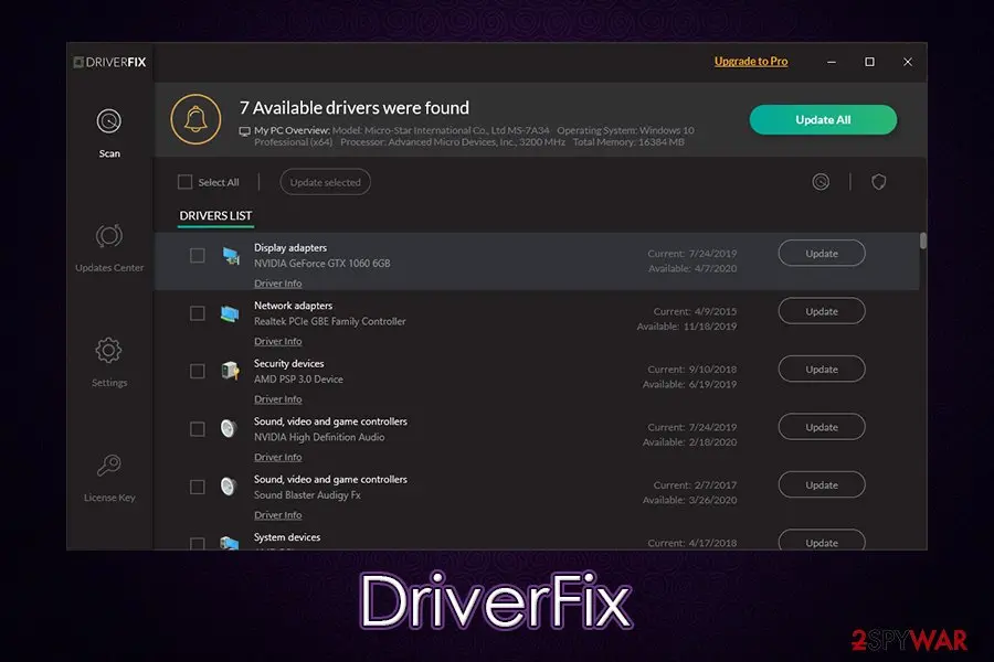 The DriverFix window listing seven available drivers with an Update All button and an Upgrade to Pro link