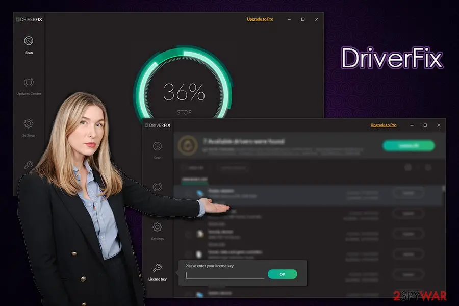 Two DriverFix windows, one scanning at 36 per cent and one listing drivers, with a box asking the user to enter a licence key