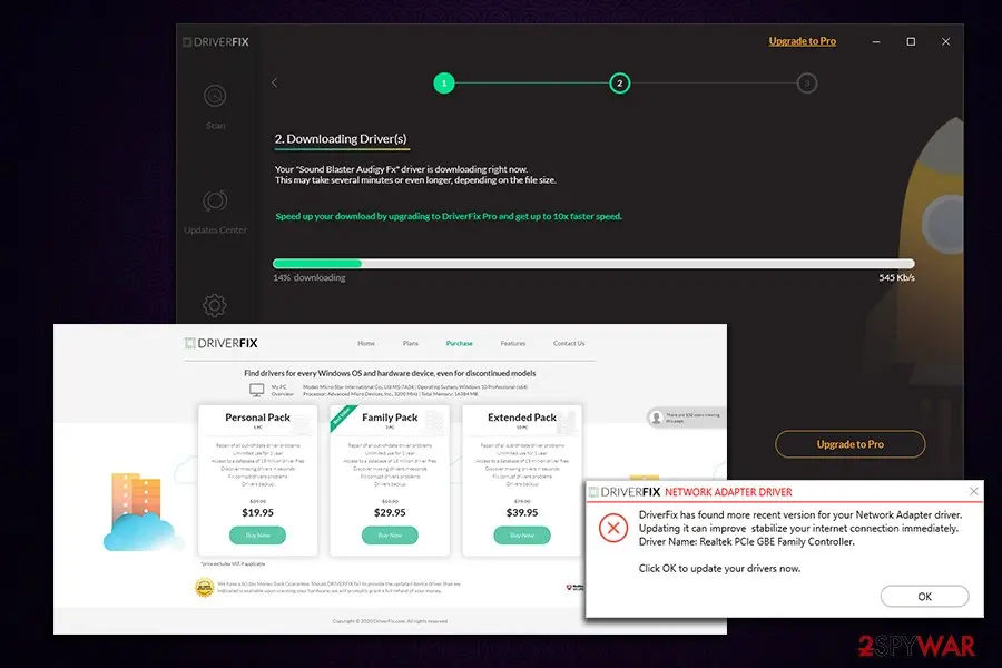 A DriverFix download screen with an upgrade offer, the vendor's price page with Personal, Family and Extended packs, and a pop-up about a network adapter driver