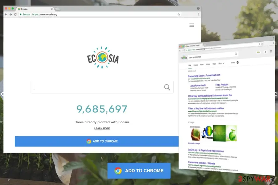Ecosia home page in 2019 with a search box, a tree counter and an Add to Chrome button, and a search results page beside it