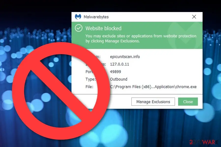 Malwarebytes window titled Website blocked, listing the domain epicunitscan.info, type Outbound and the file chrome.exe, over a blue background with a red prohibition sign