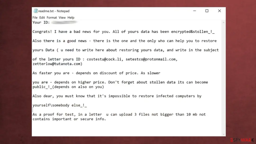 Screenshot of Esexz ransomware: screenshot