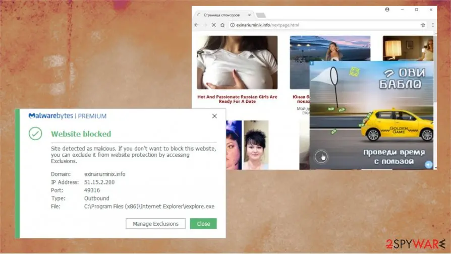 A Chrome window at exinariuminix.info/nextpage.html titled Страница спонсоров with a grid of dating-style adverts and a taxi game advert, and the Malwarebytes Website blocked window in front