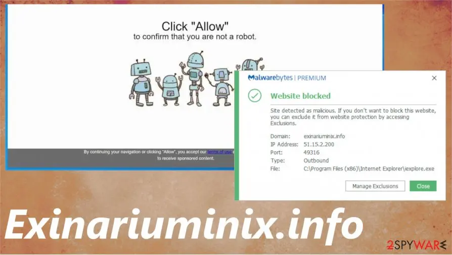 A white page reading Click Allow to confirm that you are not a robot, with five cartoon robots, and a Malwarebytes Premium window Website blocked naming exinariuminix.info and iexplore.exe