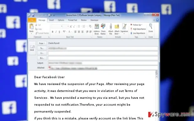Text of the Facebook Suspension message in an e-mail window with a blue Facebook logo background