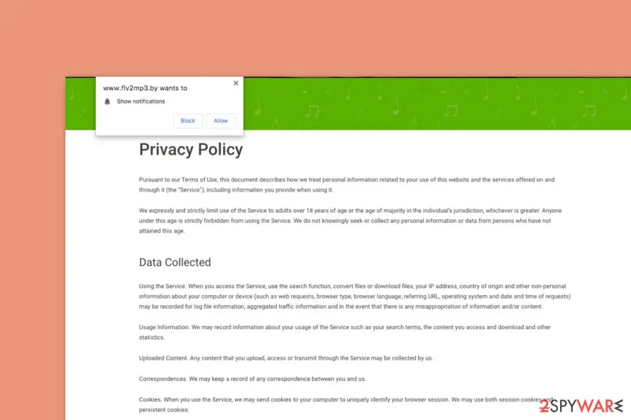Privacy Policy page of flv2mp3.by with a Chrome notification prompt above it and the Data Collected section