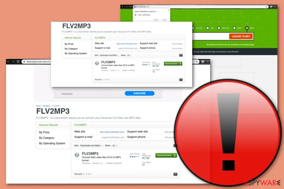 Collage: the flv2mp3.by converter page with a Chrome notification prompt, and two CNET download-site pages for FLV2MP3
