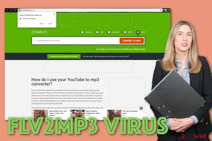 flv2mp3.by converter page with a link box, format buttons, a Chrome notification prompt and three ad tiles under the text