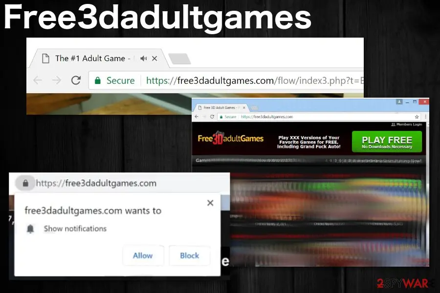 Three browser captures: a tab titled The #1 Adult Game on free3dadultgames.com, the site's home page with a Play Free button, and a Chrome box saying free3dadultgames.com wants to Show notifications with Allow and Block