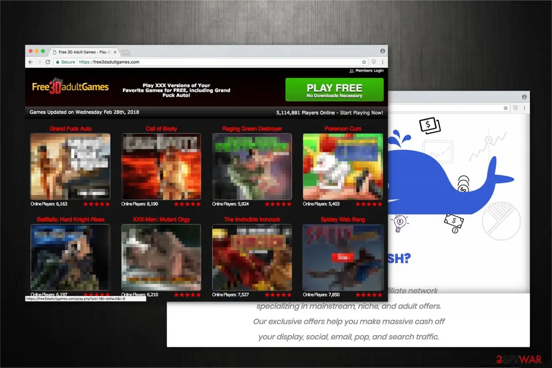Two browser captures: the free3dadultgames.com games list with online player counts, and an affiliate-network page with a blue whale illustration
