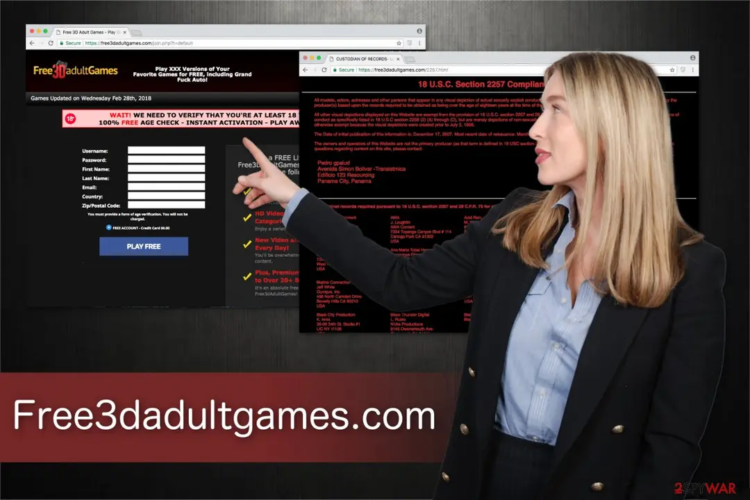 Two browser captures of free3dadultgames.com: a sign-up form with name, email, country and postal code fields, and a legal record-keeping notice page