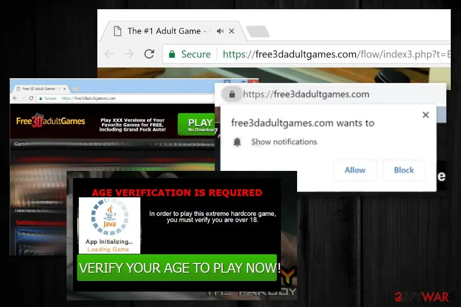 Browser captures of free3dadultgames.com: the notification box with Allow and Block, and a black page saying Age verification is required with a Java loading icon and a Verify your age to play now button