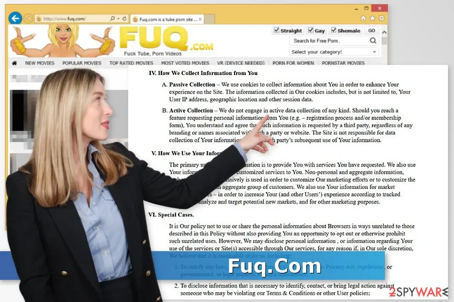 Fuq.com home page in an old Internet Explorer window with blurred thumbnails, and part of the site's privacy policy on top, from our 2023 guide