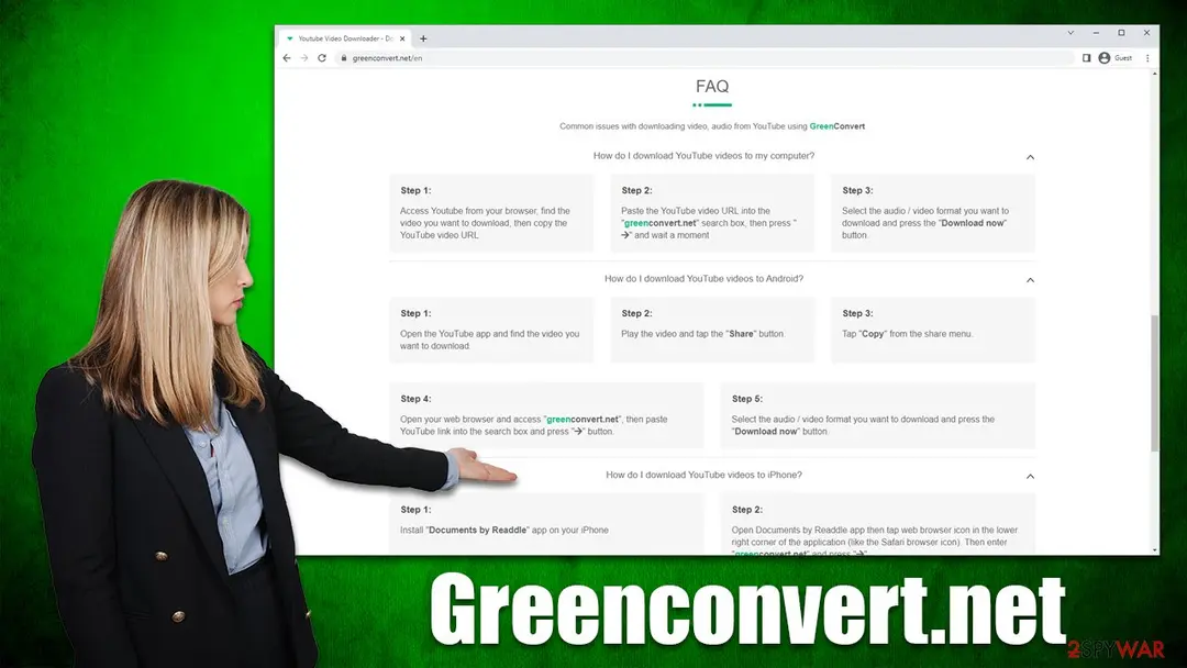 GreenConvert FAQ in 2022 with download steps for a computer, an Android phone and an iPhone