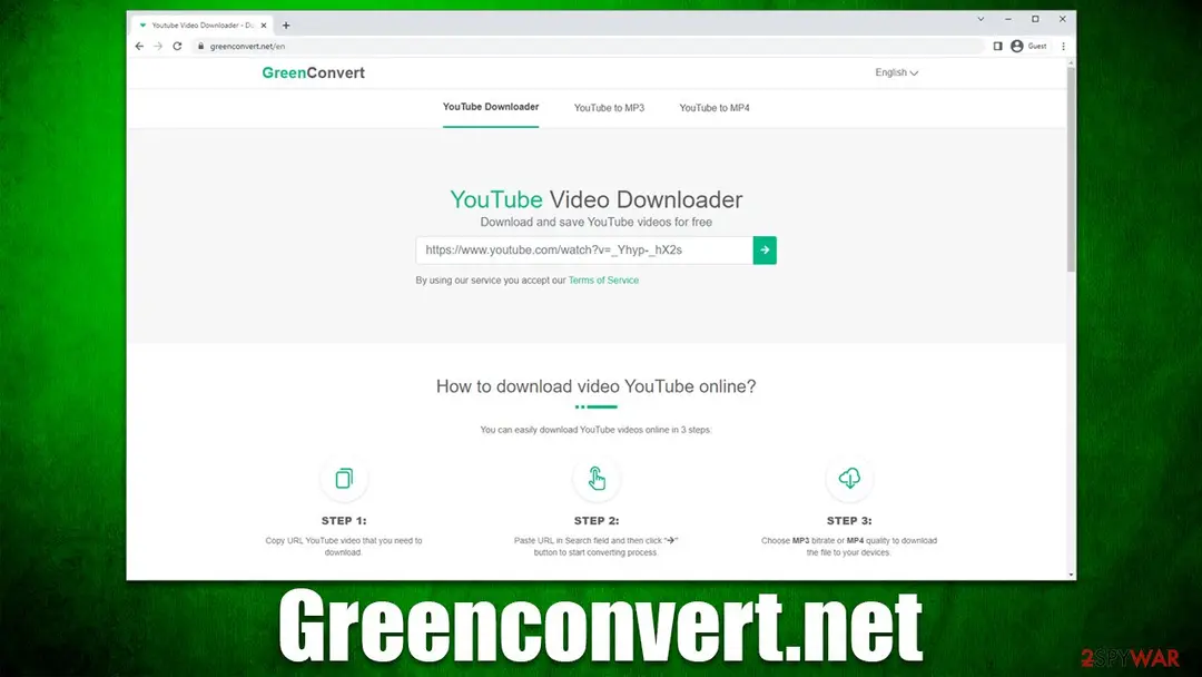 GreenConvert home page in 2022 with a YouTube Video Downloader link box, three tabs and a three-step guide