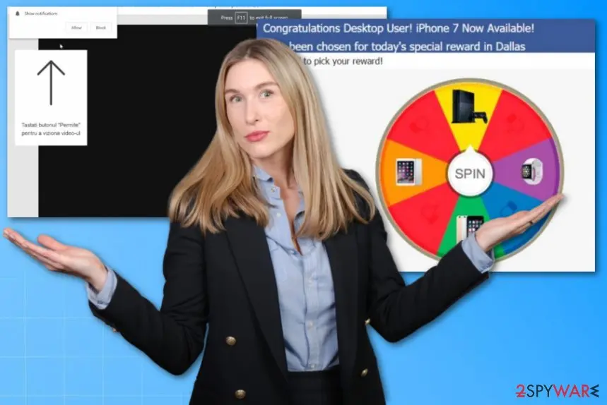 A prize wheel page headed Congratulations Desktop User, iPhone 7 Now Available, with a spinning wheel showing a games console, a tablet, a watch and phones, a notification box on the left, and a stock photo of a woman holding her hands out