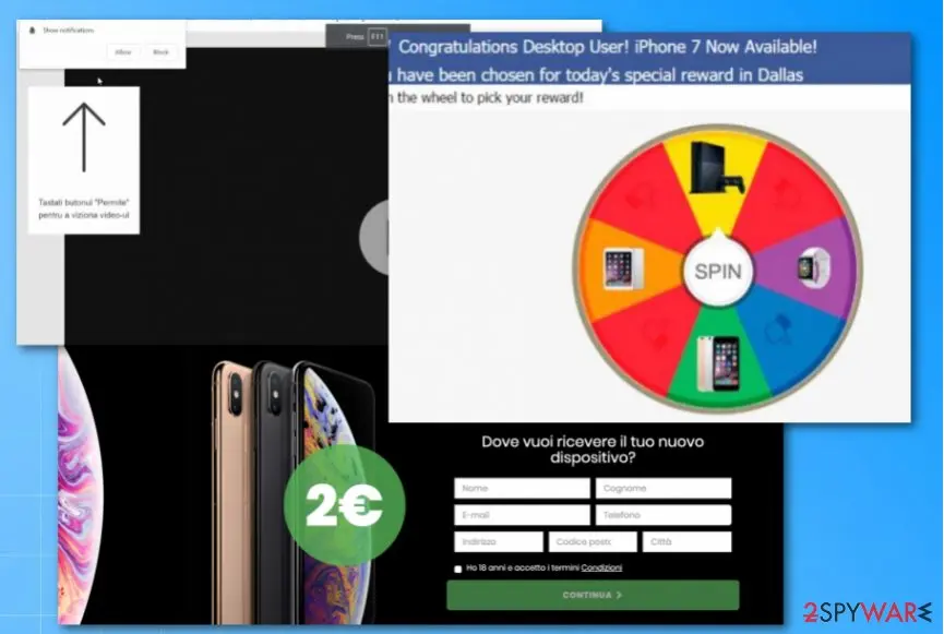 The wheel page with the notification box and, below, an Italian page showing phones and a 2 euro badge with a form asking Dove vuoi ricevere il tuo nuovo dispositivo, with fields for name, surname, e-mail, telephone, address, postal code and city