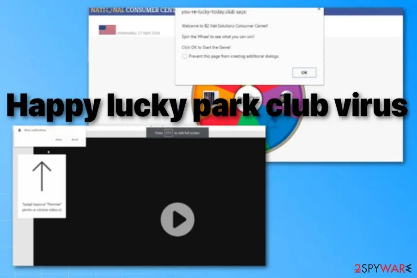 Two overlapping browser windows: a pop-up from you-re-lucky-today.club saying Welcome to B2 Net Solutions Consumer Center, Spin the Wheel to see what you can win, with an OK button, and below it a black video player with a browser box asking to show notifications with Allow and Block buttons