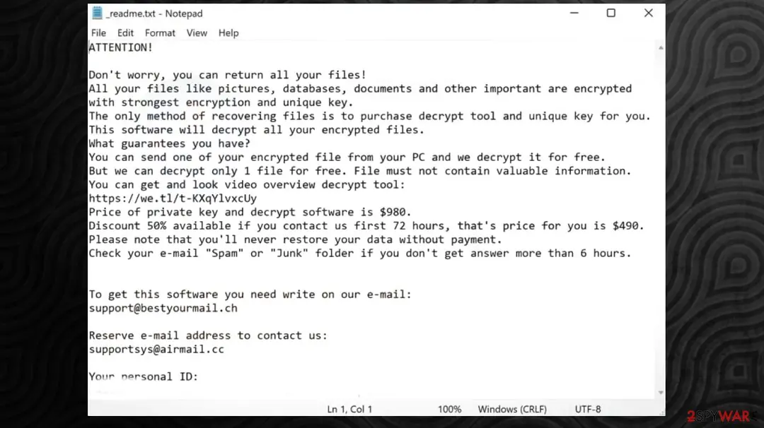 _readme.txt open in Notepad on Windows showing the STOP Djvu ransom note: the price of $980, the discount to $490 within 72 hours and the contacts support@bestyourmail.ch and supportsys@airmail.cc