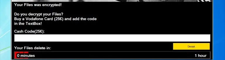 Lock screen detail: Your Files was encrypted, a Vodafone card code box and a one-hour countdown bar