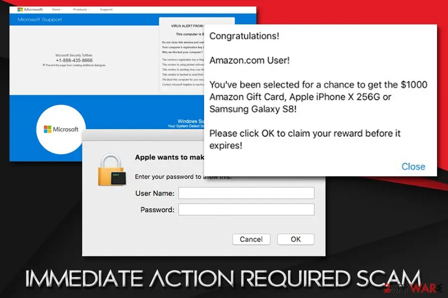 Three different fake alerts overlapping: a Microsoft Support page with a toll-free number and a virus alert box, a pop-up reading Congratulations Amazon.com User with an offer of a $1000 Amazon gift card, and a Mac dialog Apple wants to make changes asking for a user name and password
