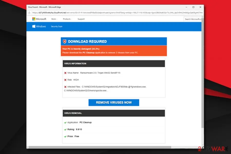 A fake Windows page in Microsoft Edge at a cloudfront.net address with a Windows Security Scan header: a DOWNLOAD REQUIRED box reading Your PC is heavily damaged (33.2%) and asking to download the PC Cleanup application, a VIRUS INFORMATION list with a made-up name including Ransomware 2.0, Risk HIGH, a REMOVE VIRUSES NOW button, and VIRUS REMOVAL listing PC Cleanup with Rating 9.9/10 and Price Free
