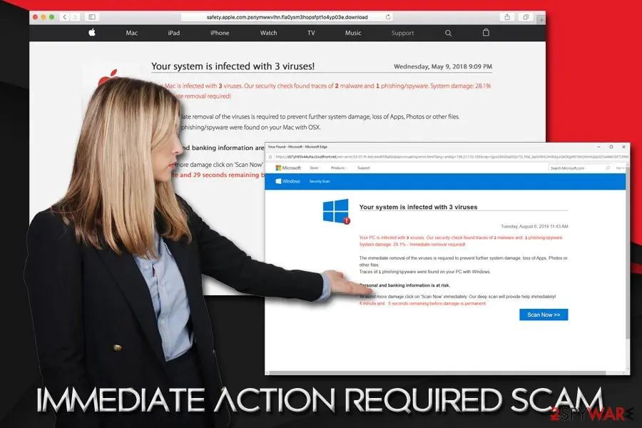 A fake Apple page in Safari headed Your system is infected with 3 viruses, dated Wednesday May 9 2018, beside a Microsoft Edge window showing the Windows copy dated Tuesday August 6 2019 with a blue Scan Now button, and a stock photo of a woman in a suit pointing at them